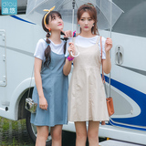 2016新款韩版两件套装裙圆领短袖T恤衫女夏季学生上衣背带短裙潮
