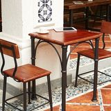 美式复古实木小餐桌户外休闲小方桌正方形铁艺快餐店咖啡桌椅组合