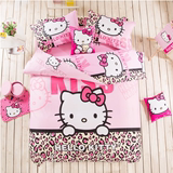 HelloKitty凯蒂猫浅粉色少女豹纹床单被枕套 纯棉床品四件套包邮