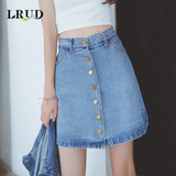 LRUD2015秋季新款韩版高腰单排扣牛仔半身裙女修身显瘦A字裙短裙