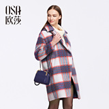 OSA欧莎2015冬季新款女装 OL撞色格纹西装领毛呢外套 中长款大衣