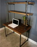 美式复古水管书桌书架组合创意实木家用笔记本电脑桌写字台搁板架
