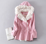 天使之城韩版甜美羊羔绒连帽双排扣可爱毛呢大衣外套