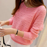 2016春装新款韩版女装圆领套头镂空短款粉色毛衣打底衫针织衫外套