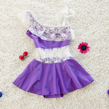 2016新款儿童女童游泳衣蕾丝连体裙式中大童连体学生女孩泳装紫色