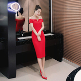 露肩一字领连衣裙韩版夏季新品中长款红色气质包臀显瘦夜店中裙