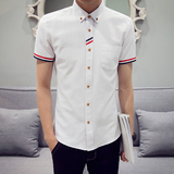夏季短袖衬衫男青少年韩版修身衬衣休闲衣服青年纯色学生英伦寸衫