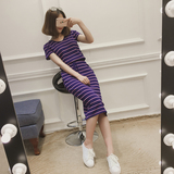 夏季韩版新款修身短袖针织衫+收腰包臀条纹半身裙套装女Jc夏季女