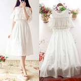夏季韩版女装甜美学生露肩白色棉麻连衣裙可爱少女收腰中长款裙子