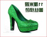 绿色婚鞋高跟粗跟绿高跟鞋防水台新娘鞋绿色单鞋女鞋金星闪亮蕾丝
