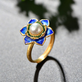 古银山庄 s925银镀金镶嵌珍珠花朵戒指女复古时尚百搭开口指环