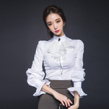 2016韩版春装新品气质淑女花边半高领泡泡袖白色衬衫上衣女