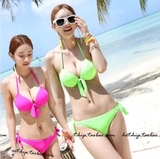 加厚罩杯性感bikini韩国荧光色分体比基尼小胸钢托聚拢泳衣女