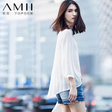 Amii旗舰店2016夏装新款女装前短后长宽松长袖雪纺衫衬衫上衣时尚