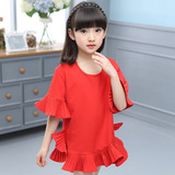 童装女童夏装新款韩版短袖雪纺大红色荷叶边连衣裙中大童公主裙