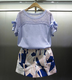 韩国代购2016夏季女套装裙 显瘦专柜两件套蕾丝上衣印花短裤潮