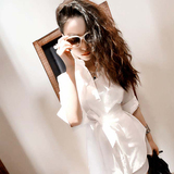 韩国代购2016夏季新款不规则系带装饰时尚宽松中长款白色衬衫女