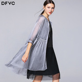 dfvc2016夏季新款女装欧美百褶宽松薄款中长款防晒衣开衫外套