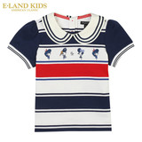 ElandKids韩国衣恋童装2016新品女童装海军风条纹短袖T恤