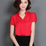 2016夏装新款韩版v领夏季女士上衣短袖雪纺衫T恤衬衫女大红色上衣