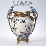 欧式新古典高档陶瓷铜雕花器青花瓷中式客厅小鸟摆件复古花瓶花插