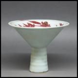 元代釉里红高足杯、仿古玩陶瓷出土文物董摆设包老朝器收藏博古架