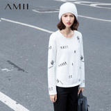 Amii旗舰店艾米冬新款大码圆领象形文刺绣修身套头卫衣打底衫女
