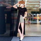 阿瑪施2016夏新品正版圆领短袖连衣裙黑色个性开叉套头衫显瘦休闲