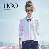 UGOCCAM2016春装新款女装 韩版清新甜美风宽松竖条长袖白色衬衫