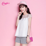 Candie's2016夏新款甜美日系纯色蕾丝拼接圆领短款衬衫女30062172