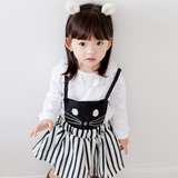 童装2016新款韩版春装女童蕾丝条纹背带裙套装儿童宝宝休闲两件套