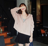韩国女装 甜美女生春夏新款 蝙蝠袖连帽开襟夹克卫衣短外套0104