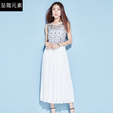 韩版白色无袖印花连衣裙女装夏季2016新款气质中长款镂空淑女长裙