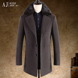 AJ冬装新款超大水貂毛领 中长款羊毛呢大衣高端夹棉大衣外套男