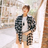 [言莎]韩国订单 东大门韩版宽松BF风格子衬衣口袋流苏衬衫外套女