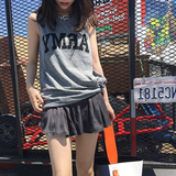 韩国夏季学生百搭印花棉质运动中长款宽松上衣无袖灰色字母背心女