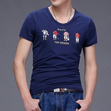 新品男士短袖T恤 潮流韩版个性男修身款V领纯色印花棉T恤男 圆领