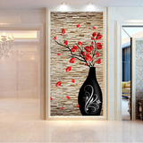 3D立体玄关壁纸壁画背景墙纸客厅简约欧式竖版砖墙花瓶花卉装饰画