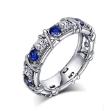925银镶嵌人工半宝石仿蓝宝石男女士 条戒 戒指 指环首饰品