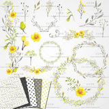 A24水彩墨森系黄色花环枝条png格式透明免抠手绘装饰图PS花纹素材
