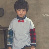 韩国童装男童女童2016秋新款格子拼接长袖T恤卫衣正品代购进口