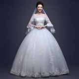 婚纱礼服2016新款韩式新娘结婚孕妇齐地 显瘦一字肩婚纱蕾丝春季