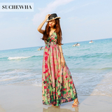 马尔代夫海边度假双V领显瘦长裙波西米亚沙滩裙真丝连衣长裙