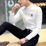 春夏季男士英伦玫瑰花刺绣长袖衬衫发型师韩版修身潮男休闲白衬衣