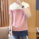 chivalry男装 夏季时尚粉色白色拼接韩版T恤修身圆领短袖体恤衫男