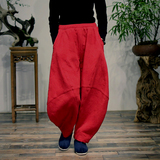 古石后—原创中国红高品质棉麻提花松紧腰灯笼个性休闲裤打座女裤