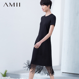 Amii[极简主义]春女花边流苏下摆修身大码连衣裙