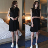 韩国代购夏季新款女装韩版气质无袖百褶连衣裙女显瘦打底小黑裙潮