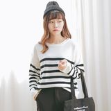 2016春季新款 韩国女经典黑白条纹拼色宽松纯棉针织衫毛衣学院风