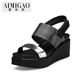AIMIGAO爱米高2016夏季新款 厚底坡跟拼色一字扣露趾休闲凉鞋女鞋